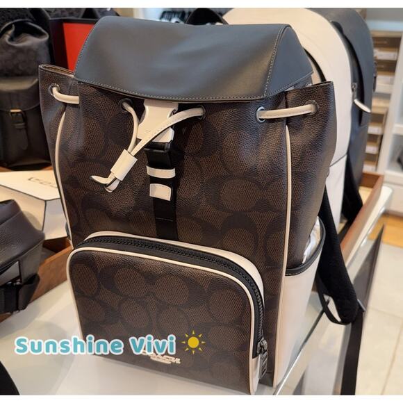 NWT COACH CY775 Racer Backpack Blocked Signature Canvas Leather Walnut Chalk - Picture 6 of 12